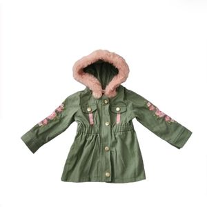 LITTLE LASS MILITARY EMBROIDERED FLORAL JACKET FAUX FUR TRIM HOOD SZ 18 MONTH'S